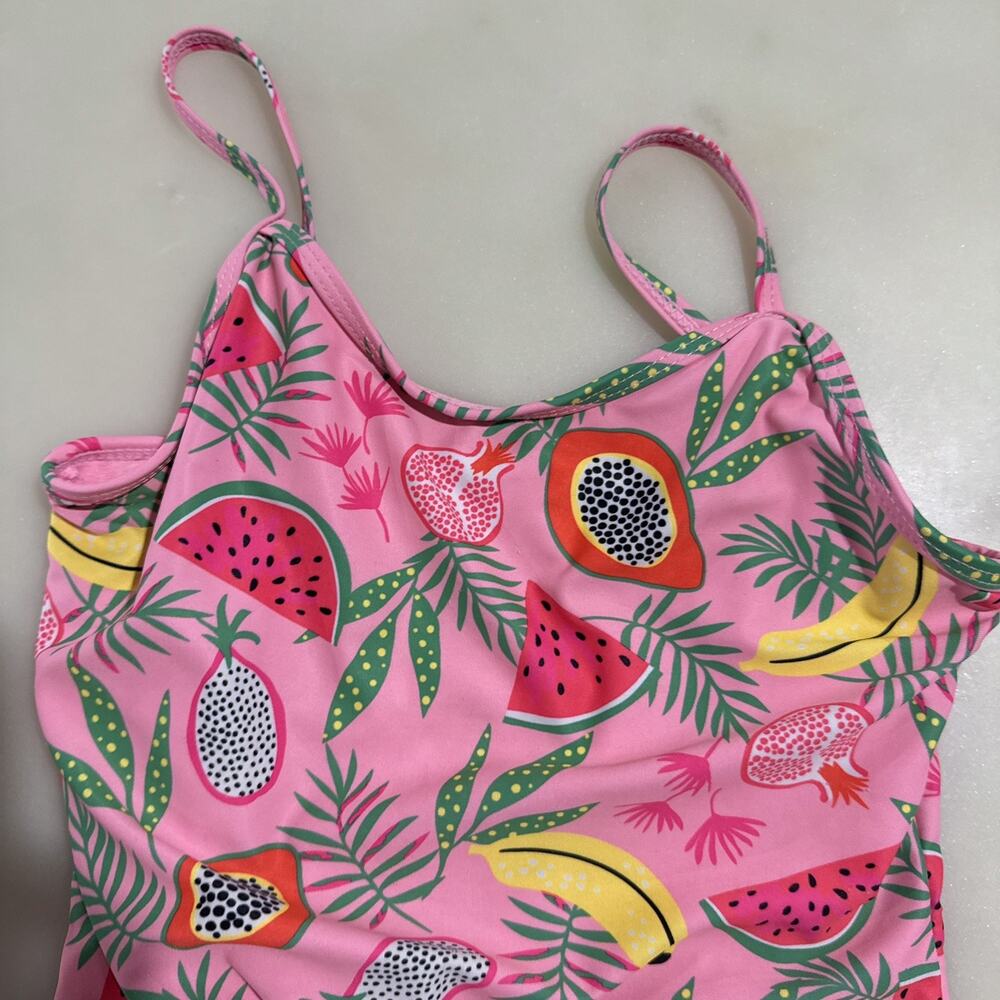 BMagical Swimsuit Girl’s 8 One Piece Tropical Fruits Pink Palm Leaf Ruffled - Picture 4 of 5